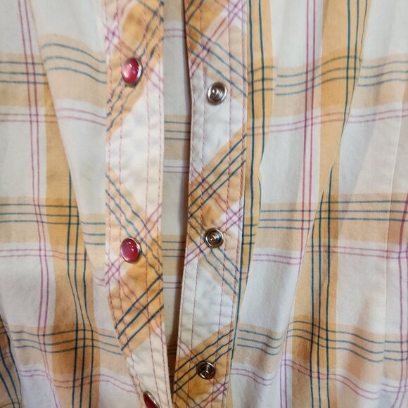 Bit & Bridle Womens Western Plaid Shirt W/ Embroidered Horses Snap Buttons Yello - Picture 6 of 7